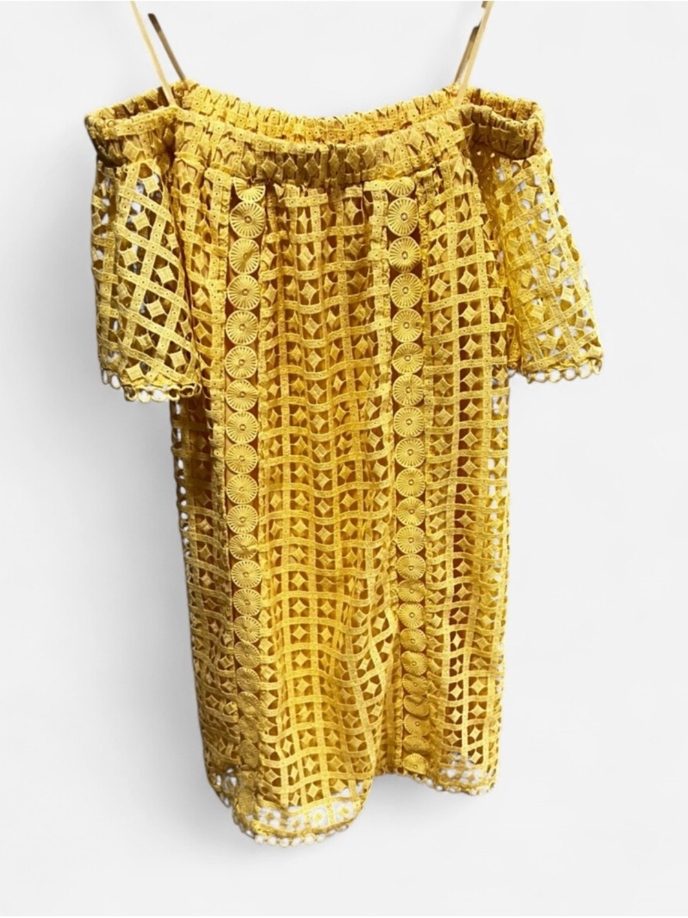 Just Me Yellow Crochet Off-Shoulder Tunic